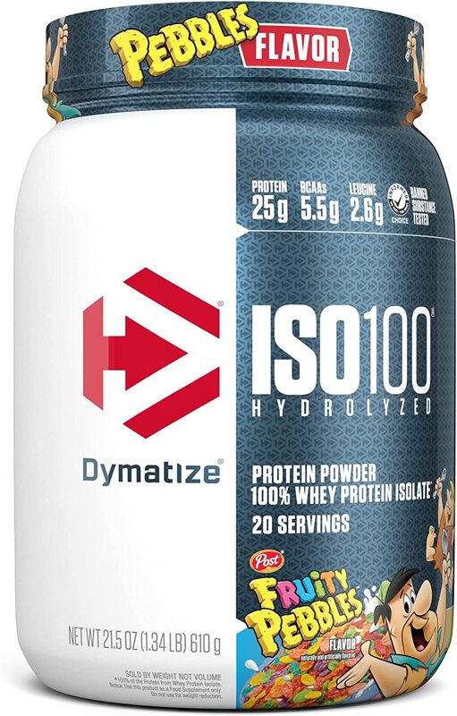 Dymatize ISO100 Hydrolyzed Protein Powder, 100% Whey Isolate, 25g of Protein, 5.5g BCAAs, Gluten Free, Fast Absorbing, Easy Digesting, Fruity Pebbles, 20 Servings, 1.34 lbs